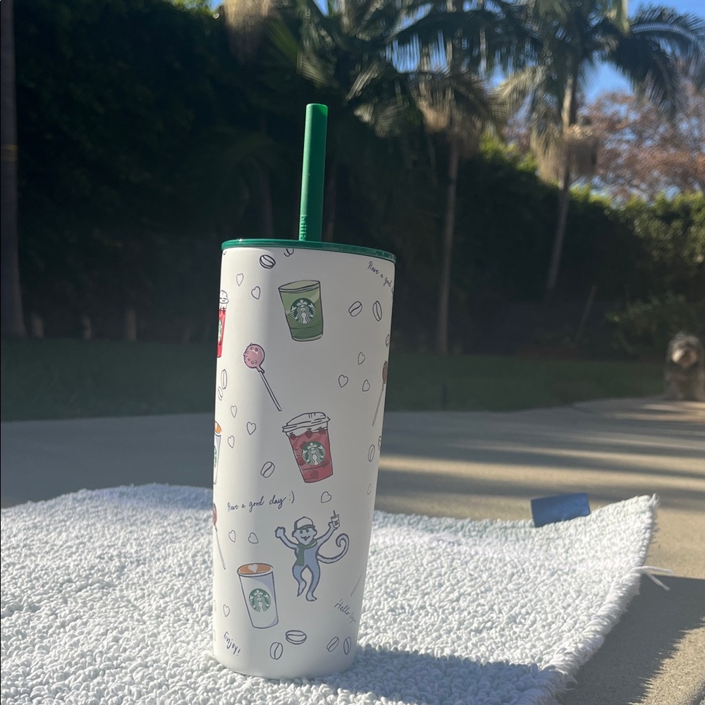 Starbucks Playful White Tumbler with Green Lid - Picture 2 of 6